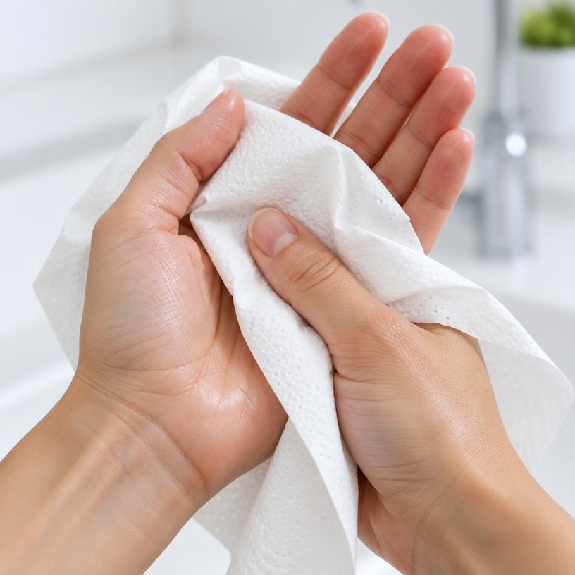 Hands drying with a paper towel