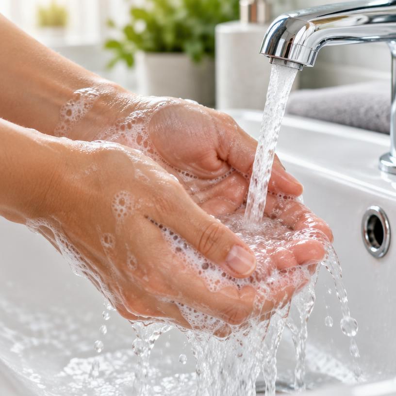 Hands rinsing under running water