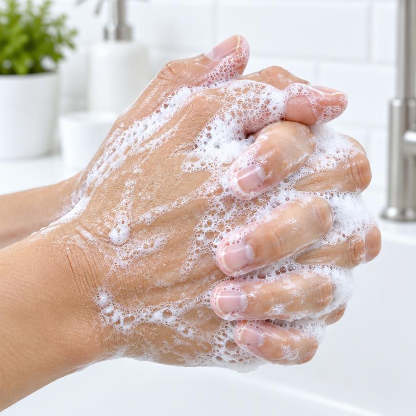 Hands being scrubbed together with soap