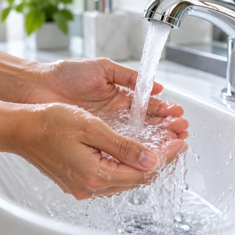 Hands being wet under running water