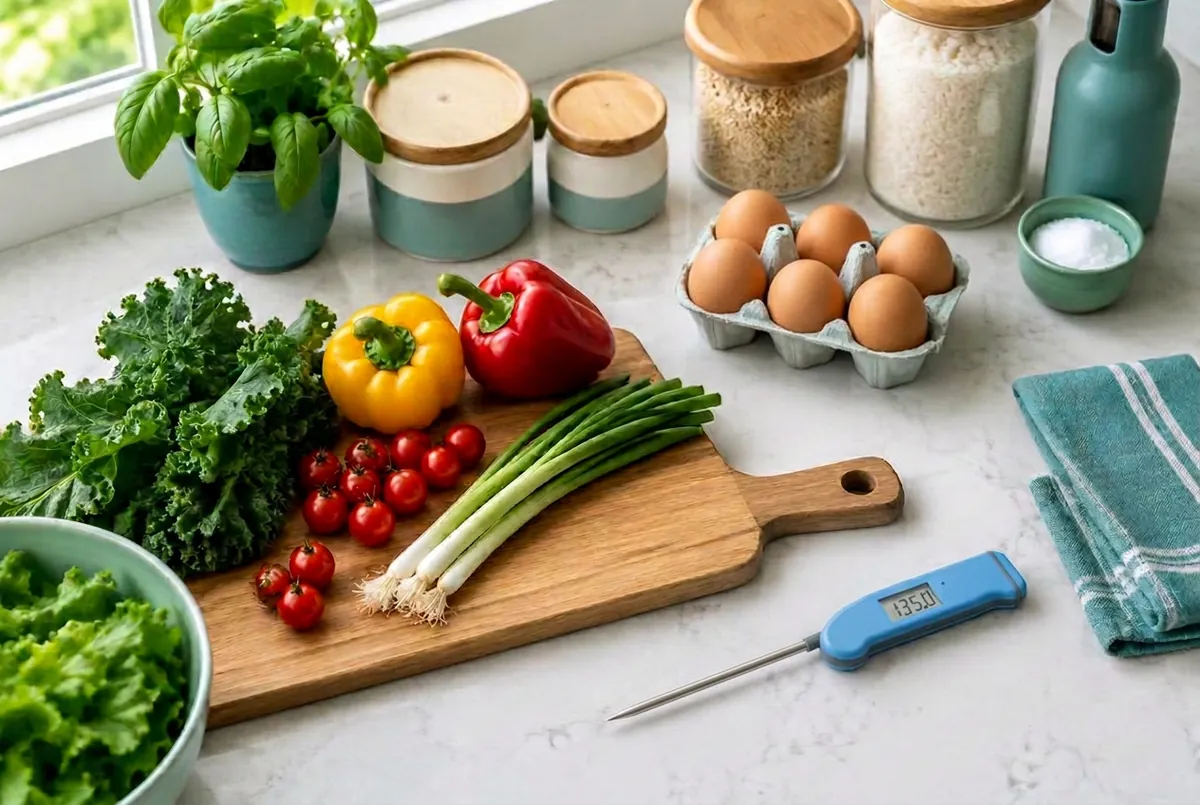 Clean home kitchen counter with vegetables, eggs, and a food thermometer