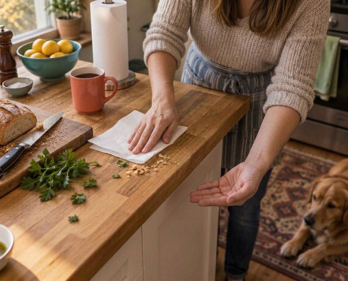 Hands sweeping crumbs off a wood counter into a bowl with a paper towel