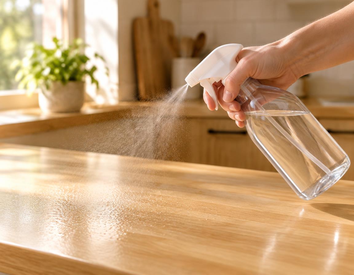 A hand spraying an unbranded clear bottle with a white spray head onto a clean kitchen counter